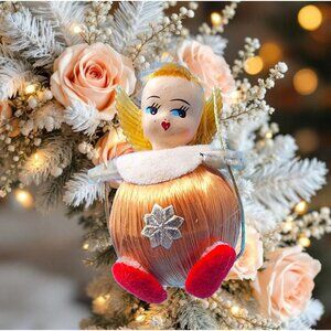 Vintage 1960s Pink Satin Ball Angel Ornament Foil Wings Spun Cotton Composite v2